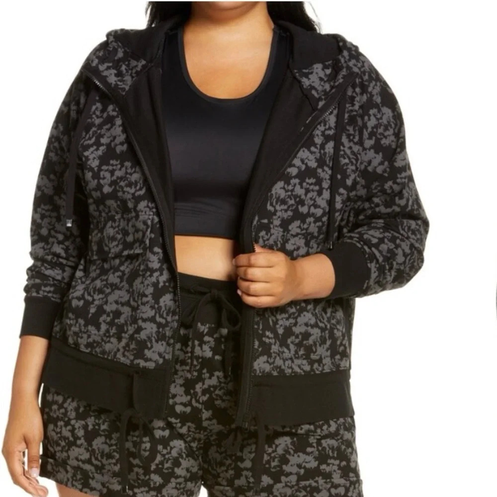 Zella Weekend Print Organic Cotton Full Zip Hooded Sweatshirt Floral Black Gray